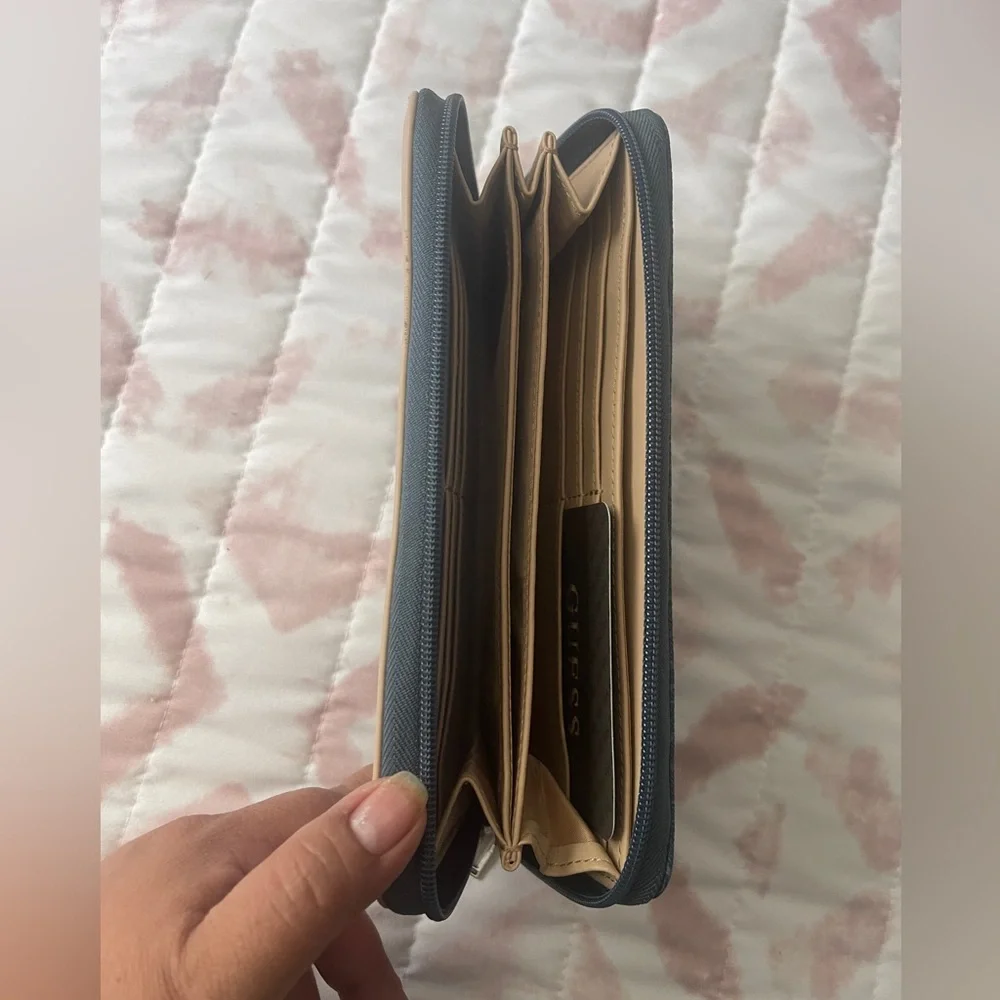 GUESS Navy Blue and Tan Logo Zip-Around Wallet